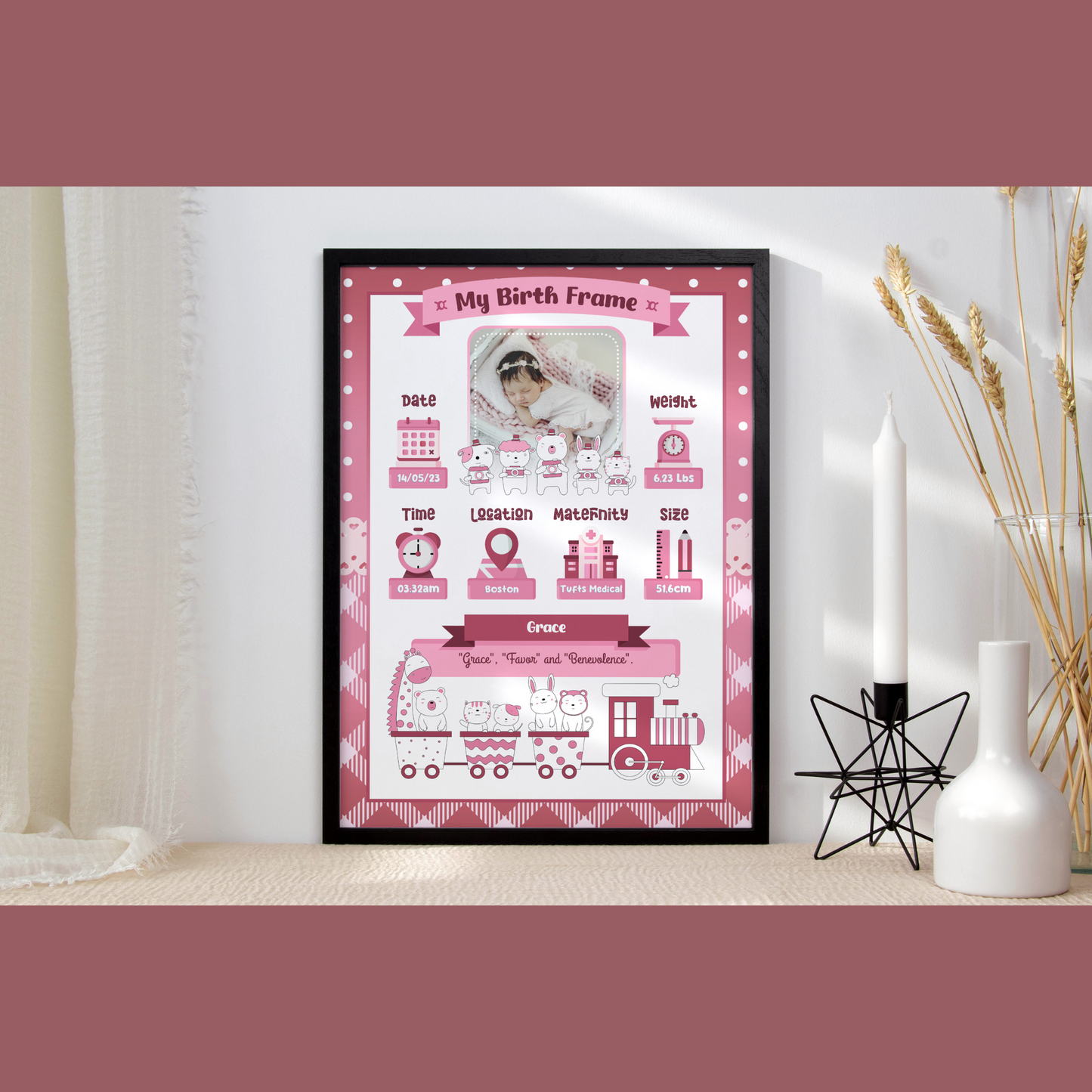 Rose colored birth announcement template
