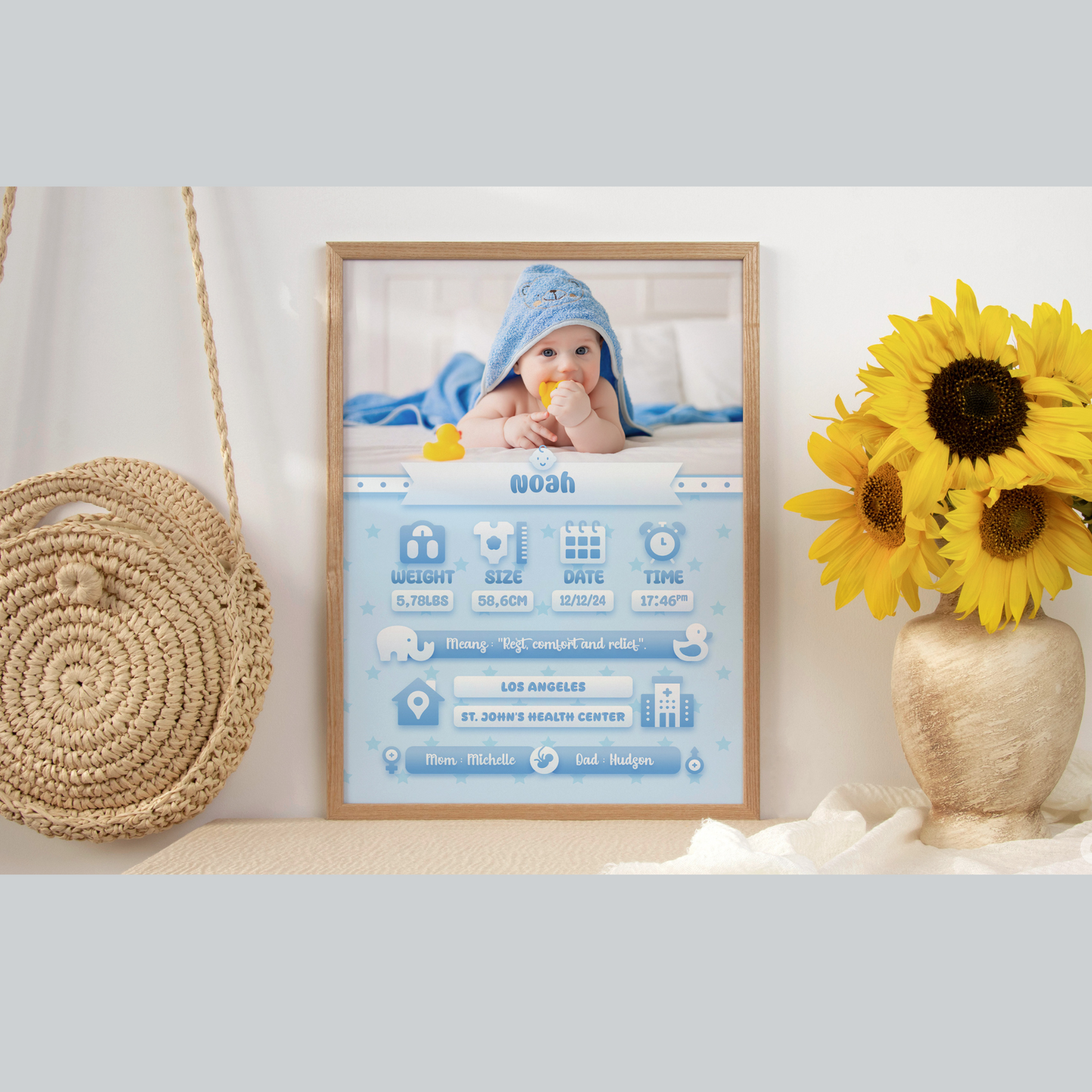 Light Blue Baby Announcement Template with photo insert