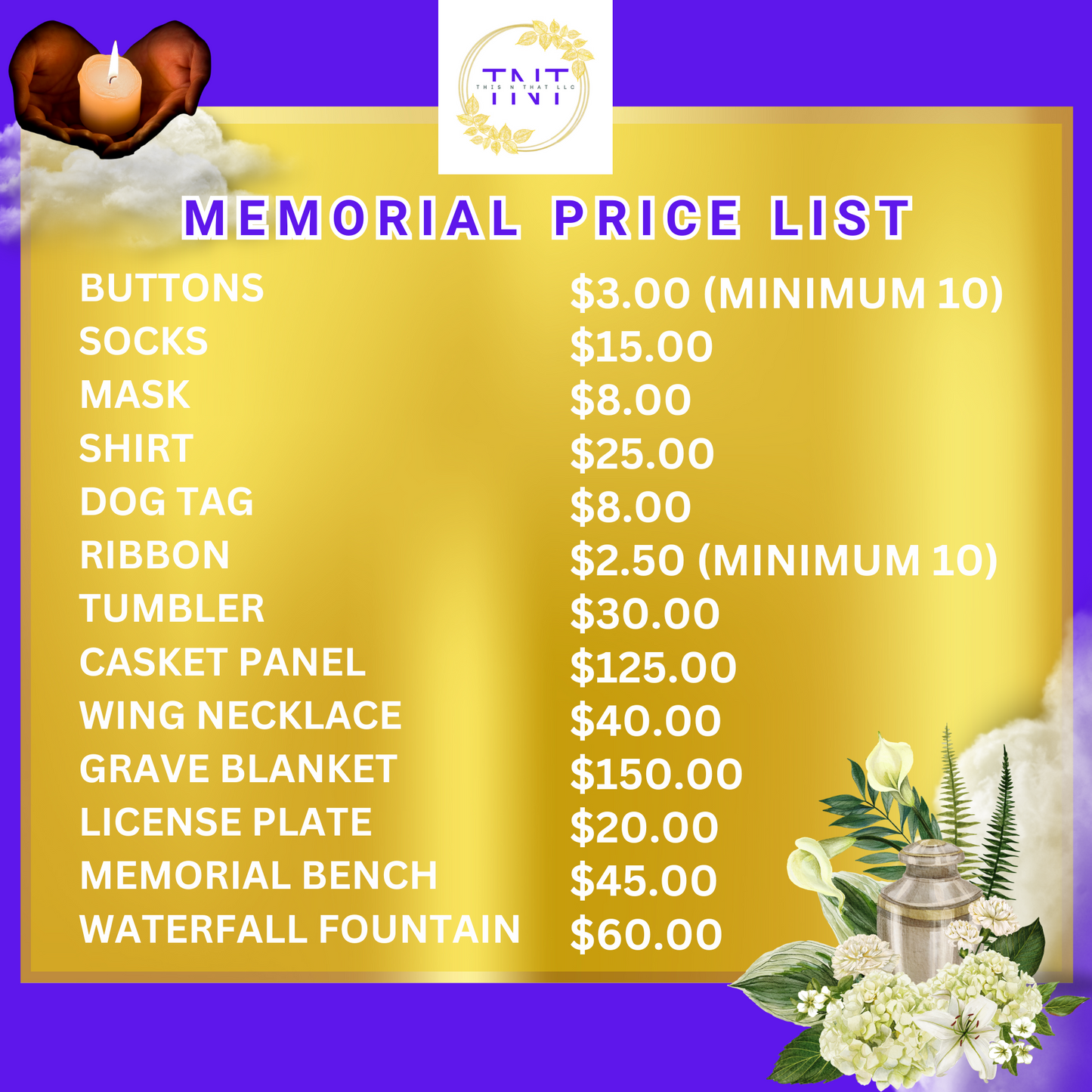 MEMORIAL CUSTOMIZABLE PRICE LIST