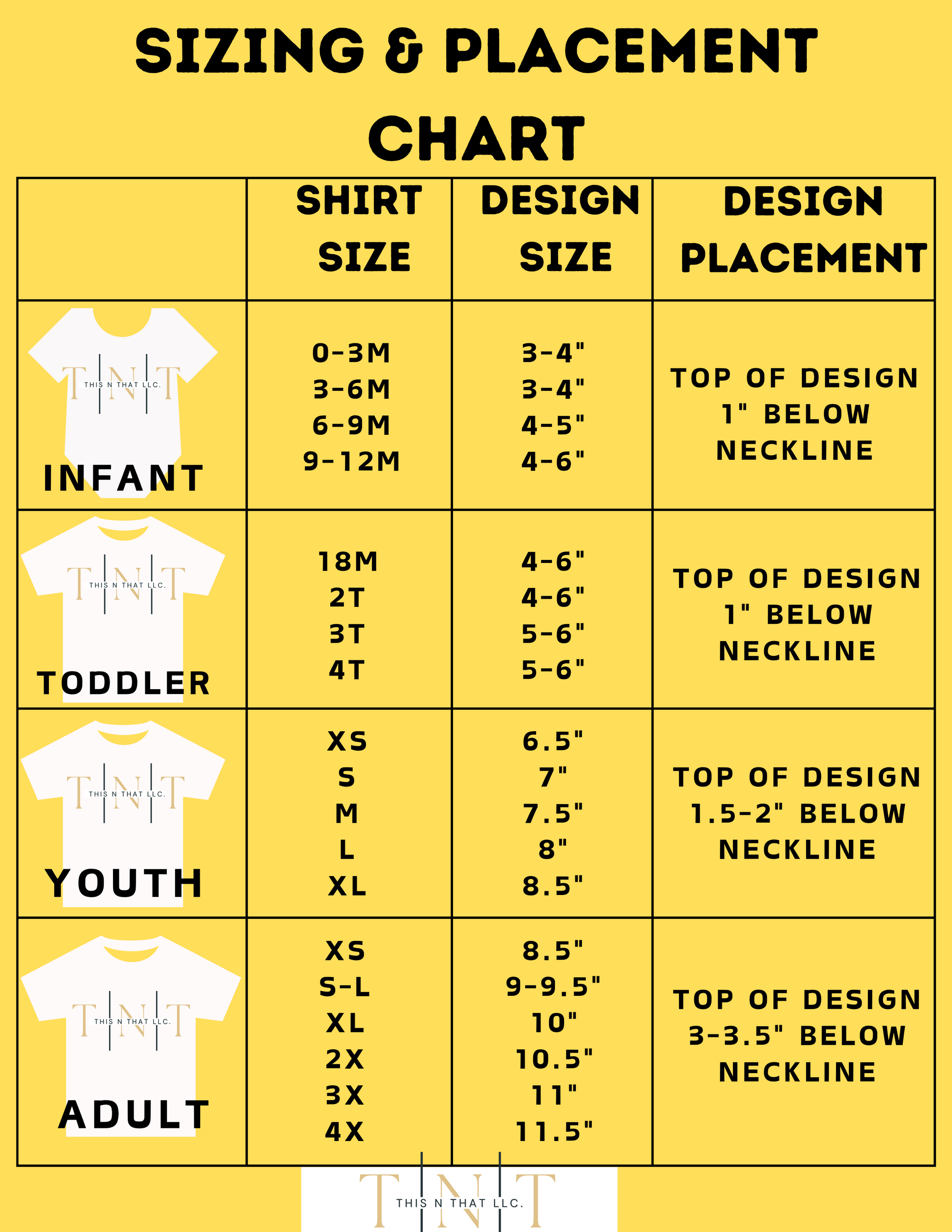 All size Tshirt placement chart THIS N THAT ONE STOP SHOP