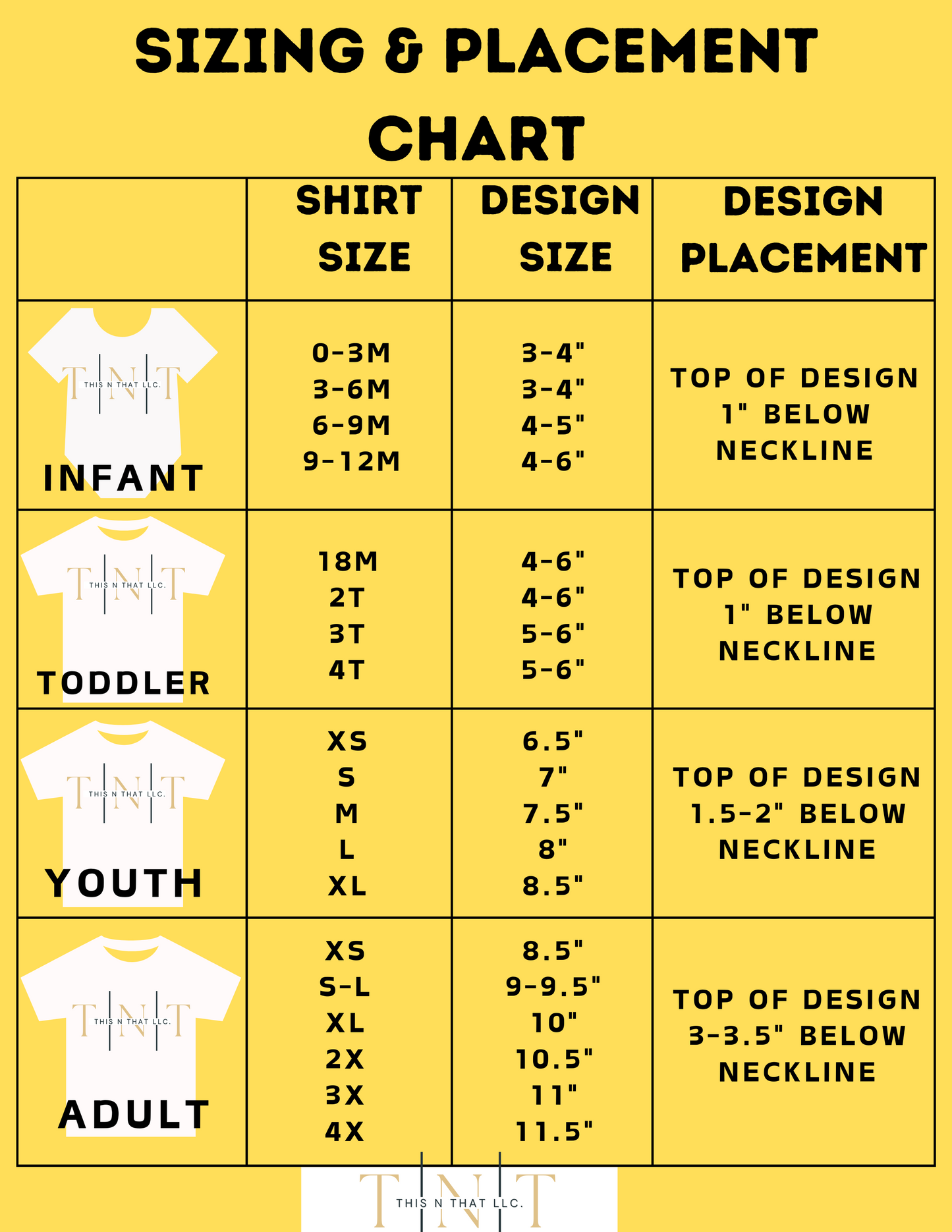 All size T-shirt placement chart